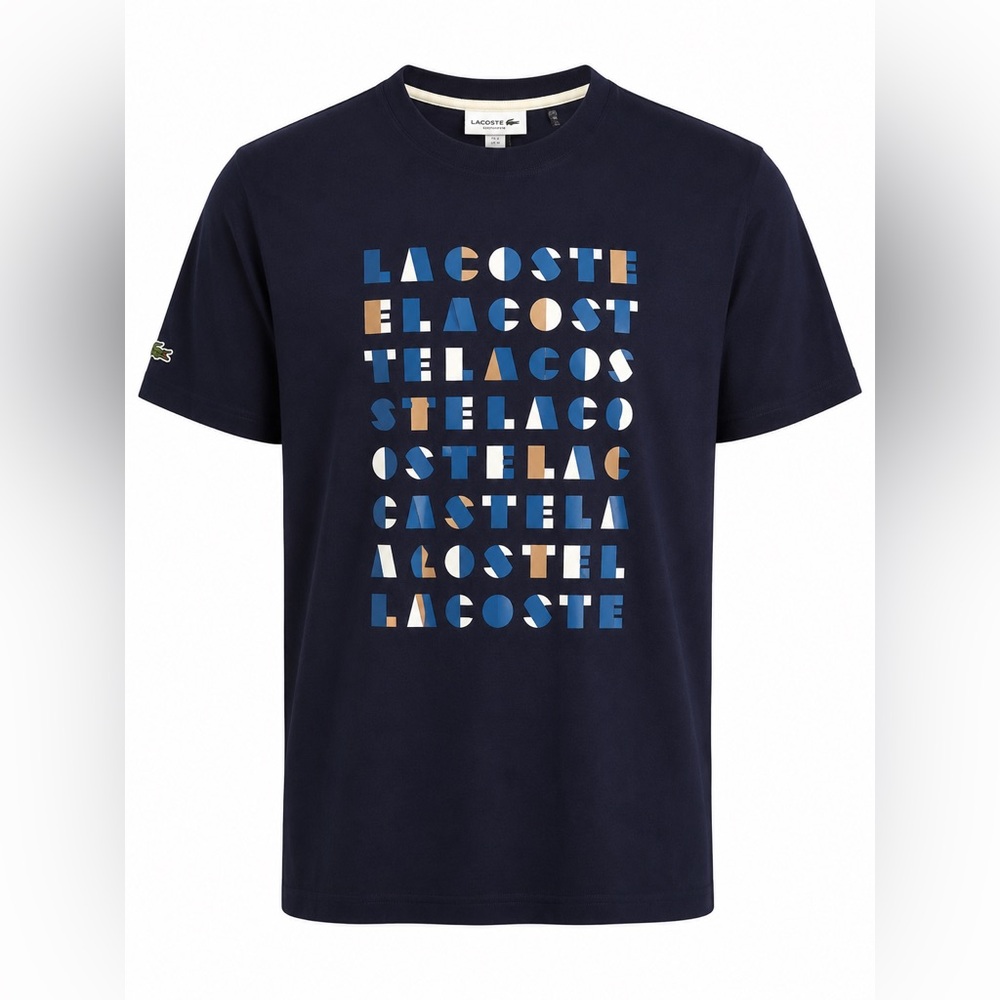 Lacoste Navy Short-Sleeve Graphic Logo Tee with Blue & Tan Accents